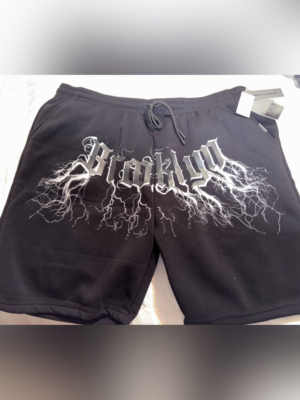 Men's Black Graphic Athletic Shorts with 'Brooklyn' Lightning Print